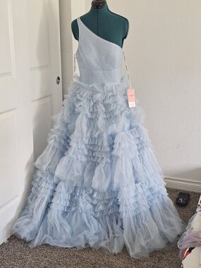 JJs House Light Blue One-Shoulder Ruffled Prom Gown